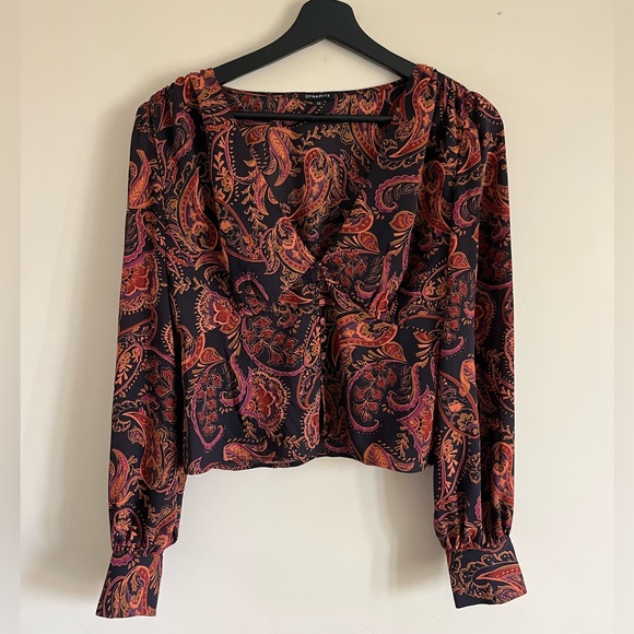 Dynamite Deep V-Neck Blouse with Bubble Sleeves - Picture 2 of 3